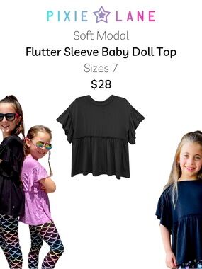 Pixie Lane Black Flutter Sleeve Baby Doll Top